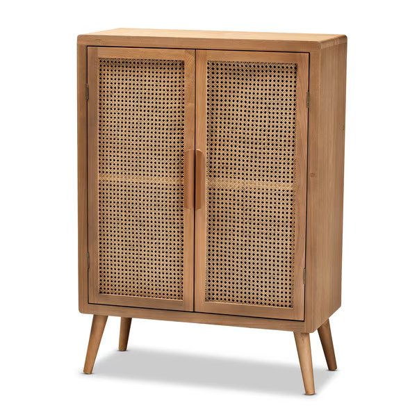 Alina Oak Finished Wood and Rattan 2-Door Accent Storage Cabinet, Baxton Studio, Mfr#: 162-10554